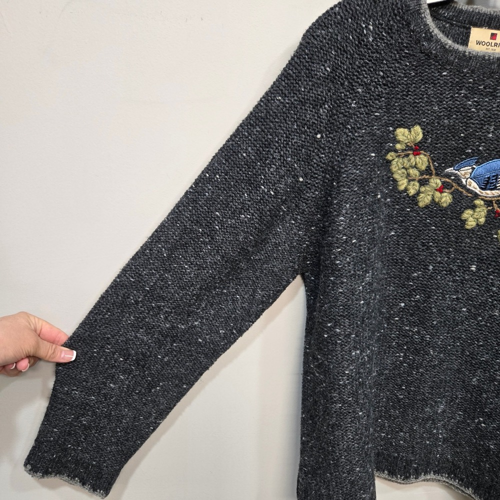 Woolrich Sweater Large Onyx Heather Bird Embroidered Vintage Wool Blend Cottage - Picture 4 of 8